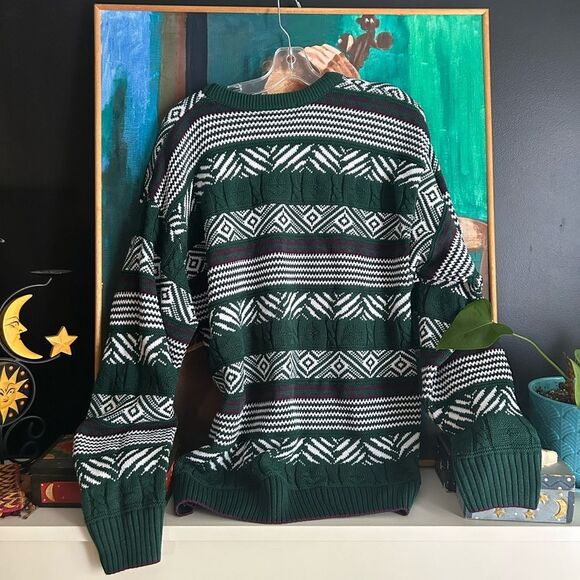 Vintage Men's Geometric Pattern Crewneck Sweater - Green and White - L - Picture 5 of 16